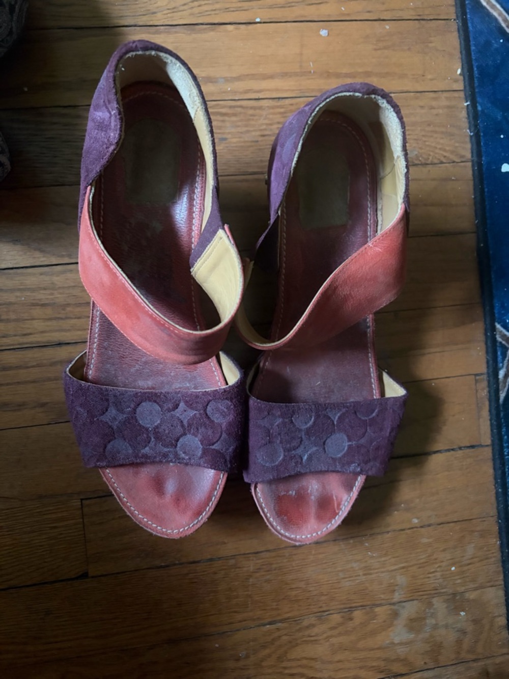 John Fluevog Two-Tone Suede Wedge Sandals in Plum and Rust